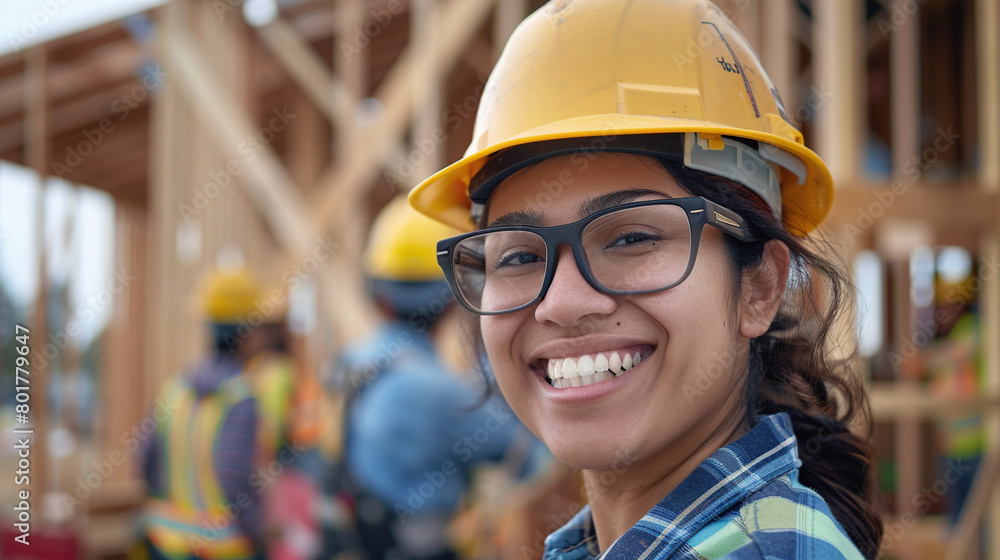 woman working on a construction site, construction hard hat and work vest, smiling, middle aged or older woman working on a construction site, construction hard hat and work vest, smiling, middle aged or older