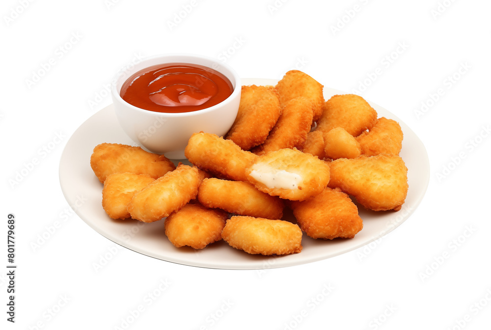 A plate of chicken nuggets with a side of dipping sauce, presented neatly, isolated on a transparent background. Generative AI A plate of chicken nuggets with a side of dipping sauce, presented neatly, isolated on a transparent background. Generative AI