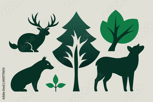 stylized nature animals. Collection of animal silhouettes with a forest. Logos of wild animals. Tattoo. Vector