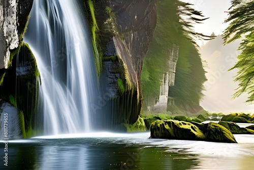 waterfall in the forest  A soft stream of water creates an enthralling show of movement as it falls down a sheer rock wall. The water below is bordered by stones covered with moss  which enhances the 