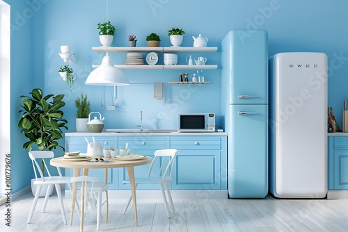 Modern blue kitchen interior with furniture,kitchen interior with white wall. Pastel color tone.