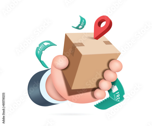 Hand holding parcel box or cardboard box and free shipping label and pin map floating around the air, vector 3d isolated for delivery and online shopping concept design, vector cartoon minimal style
