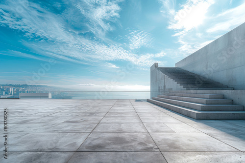Concrete steps and buildings on the square Empty architectural background.The modern urban skyline is in the background.