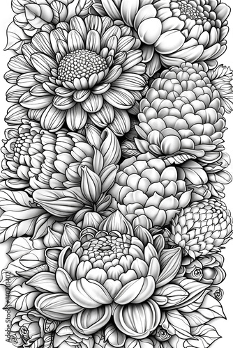 A drawing of flowers with a black and white color scheme