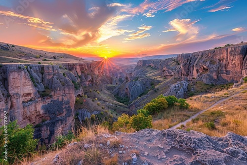 canyon view in summer. Colorful canyon landscape at sunset. nature scenery in the canyon. amazing nature background. summer landscape in nature. Tasyaran canyon travel - generative ai