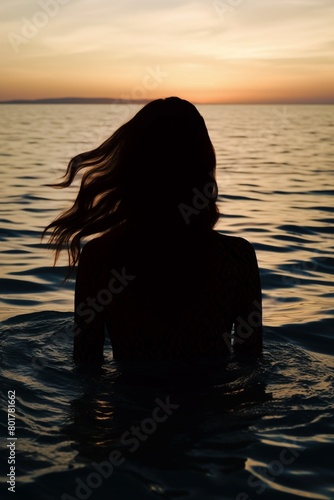 Back view of a womans silhouette against the shimmering ripples of the sea at sunset © miss[SIRI]