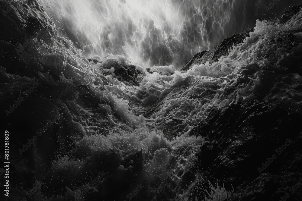 A black and white photo of crashing waves on a rocky shore, capturing the movement of the water with a grainy texture  
