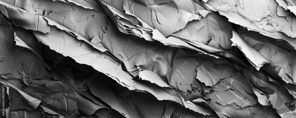 A black and white photo of crumpled and ripped paper, revealing layers of texture and creating a chaotic and grainy background A black and white photo of crumpled and ripped paper, revealing layers of texture and creating a chaotic and grainy background
