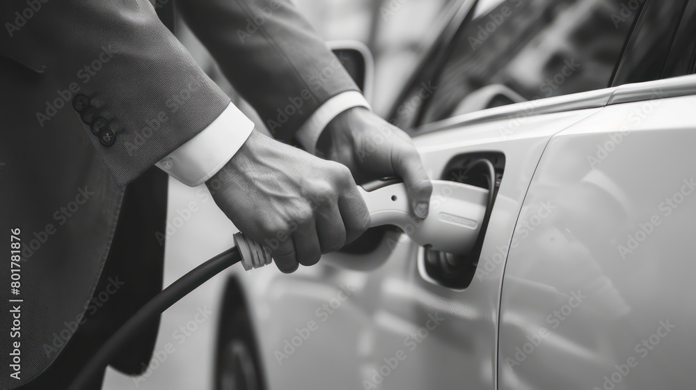 businessman using an electric car charger, light gray and white businessman using an electric car charger, light gray and white