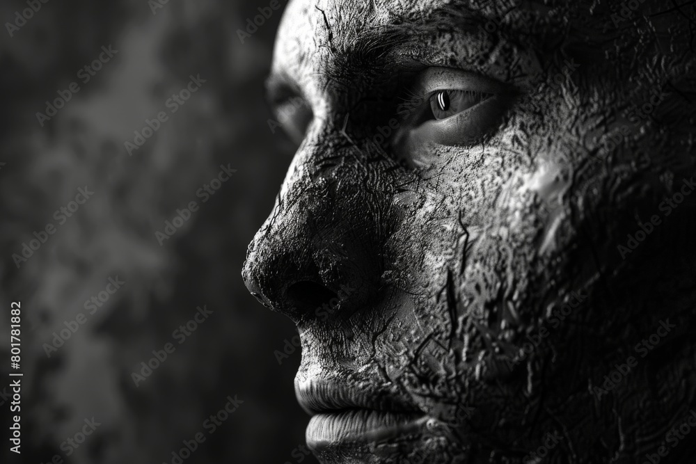 A black and white portrait of a person with a textured, weathered face, bathed in dramatic lighting with a grainy background A black and white portrait of a person with a textured, weathered face, bathed in dramatic lighting with a grainy background