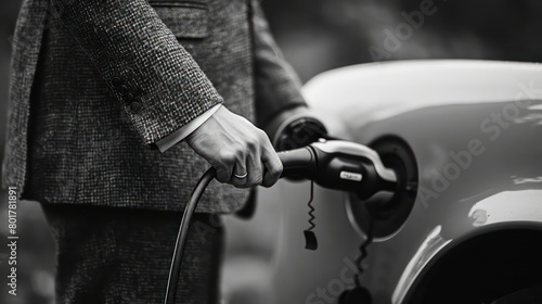 businessman using an electric car charger, light gray and white © STOCKYE STUDIO