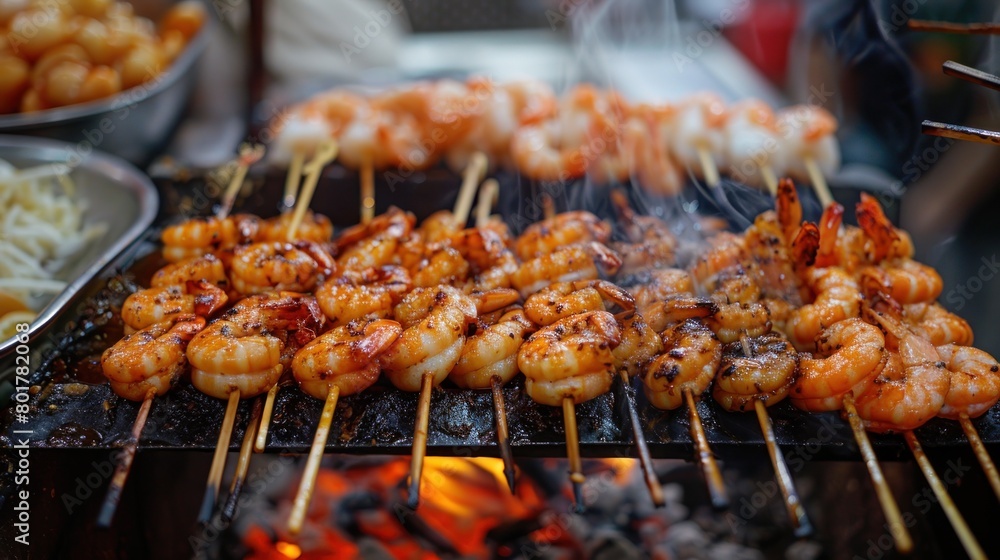Close-up of grilled shrimp on a grill