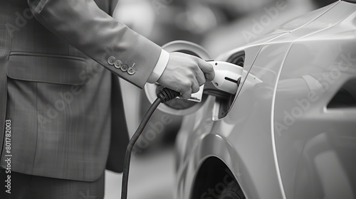 businessman using an electric car charger, light gray and white