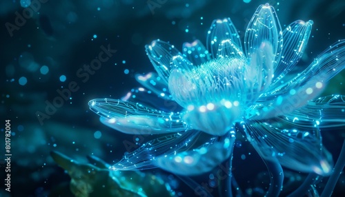 A breathtaking underwater scene of a bioluminescent metal flower illuminating the depths of the ocean 