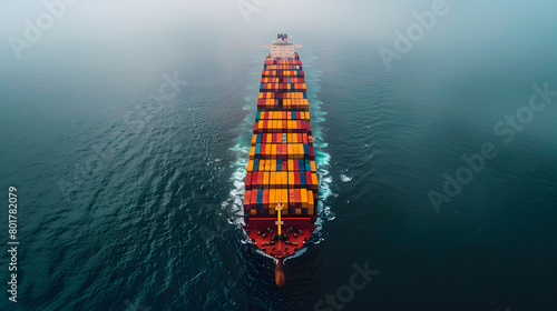 An aerial top view of a container ship in the vast ocean, serving as a vital link for global business logistics, freight shipping, import, export, and international trade