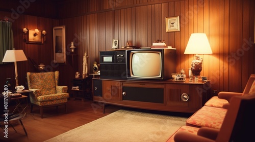 Retrostyled living room featuring a classic woodpaneled television set and vintage furniture photo