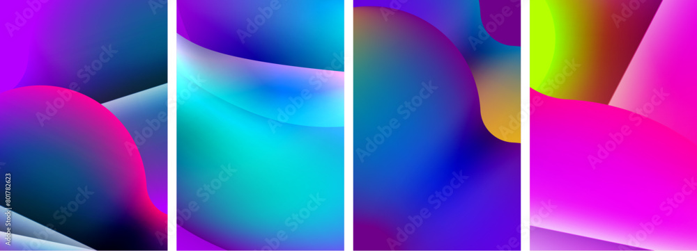 A vibrant collage featuring four different colored backgrounds with a rainbow of colors including azure, purple, magenta, and electric blue, creating a stunning visual pattern