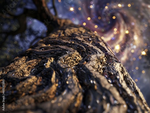 A closeup of a tree trunk with bark that resembles swirling galaxies, filled with nebulas and stars 
