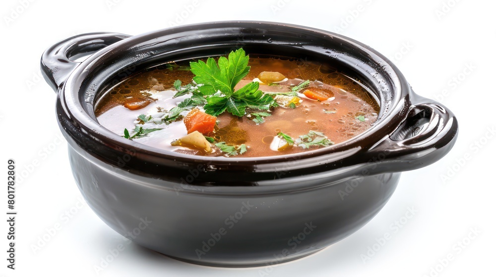 harm comfy pot of soup at white background
