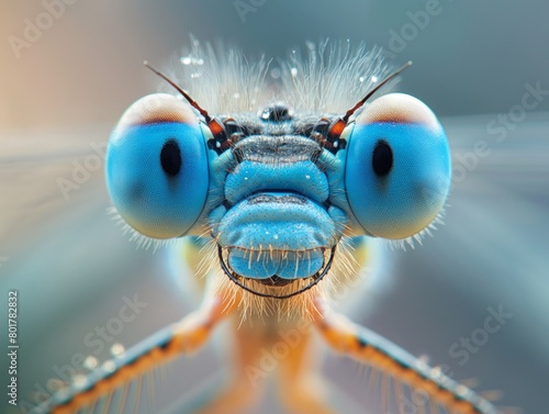 Macro shot of a dragonfly's face showcasing detailed textures and vibrant blue eyes.