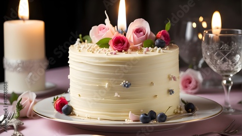 Elegant birthday or wedding cake served during a candlelit supper. 