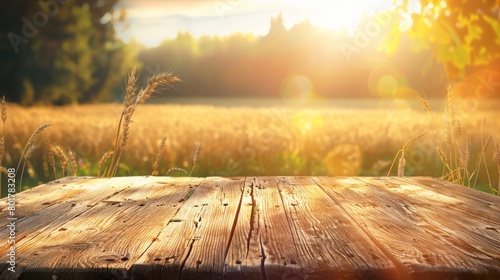 A rustic wooden surface provides a stage for the breathtaking view of a golden wheat field backlit by a sunset.