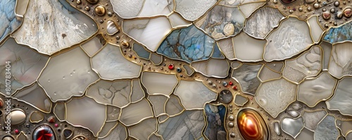 A cracked eggshell mosaic, each fragment meticulously inlaid with motherofpearl and adorned with tiny gemstones  photo