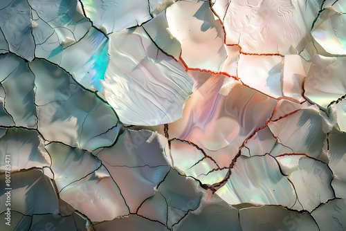 A cracked eggshell mosaic, each fragment shimmering with motherofpearl iridescence   photo