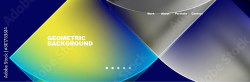 Liquid gradient in electric blue, yellow, and gray hues create a geometric background. Featuring aqua tableware, closeup of a martini glass, and macro photography of circle dishware