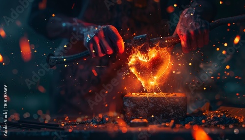 A detailed photo of a blacksmith hammering a heartshaped piece of metal on an anvil  sparks flying as flames lick the metal  