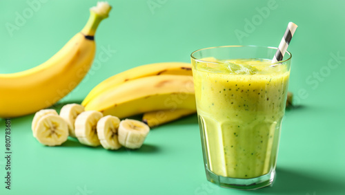 Glass of tasty banana smoothie on color background . Generative Ai