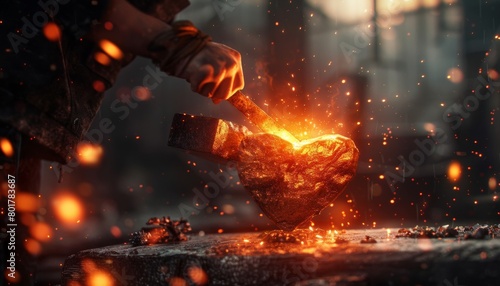 A detailed photo of a blacksmith hammering a heartshaped piece of metal on an anvil, sparks flying as flames lick the metal 