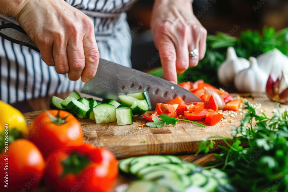 chef Slicing vegetables on wood background