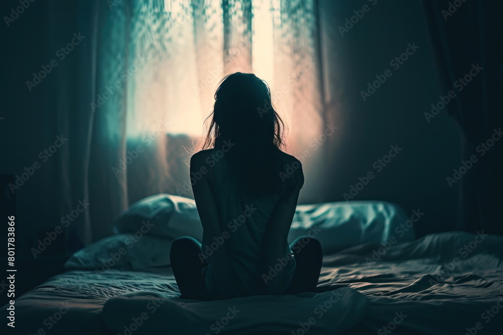 Silhouette woman sitting on the bed in the dark room, Sad woman Silhouette woman sitting on the bed in the dark room, Sad woman