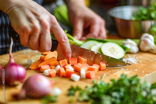 chef Slicing vegetables on wood background