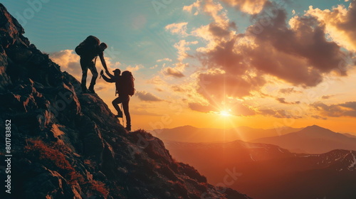 Hiker helping friend reach the mountain, Holding hands and walking up the mountain