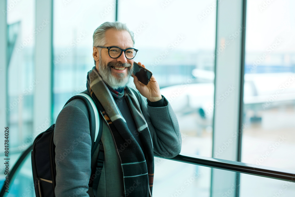 Stylish senior businessman with smartphone and passport at airport, talking on phone while waiting for flight in the terminal Stylish senior businessman with smartphone and passport at airport, talking on phone while waiting for flight in the terminal