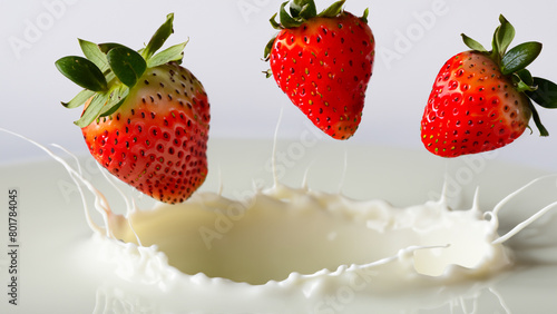 levitate Strawberry slice fall into the milk. Generative Ai