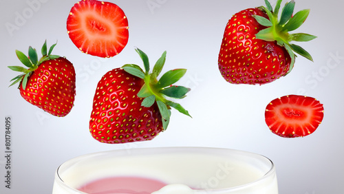 levitate Strawberry slice fall into the milk. Generative Ai
