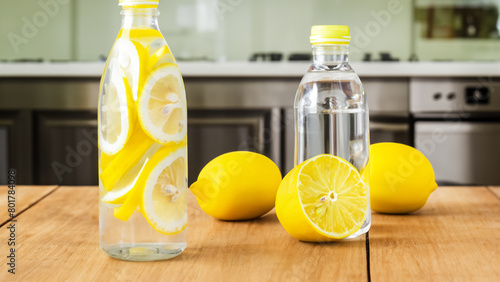 lemon insfus water bottle on the wooden table top and kitchen background. Generative Ai