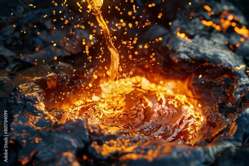 A dramatic highangle shot of a vat of molten metallic colors being poured together, sparks flying as they combine 