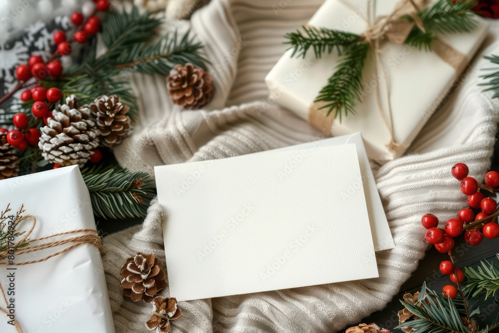 Christmas invitation card and envelope with a winter holiday setting, natural morning light, cold yet cozy climate Christmas invitation card and envelope with a winter holiday setting, natural morning light, cold yet cozy climate