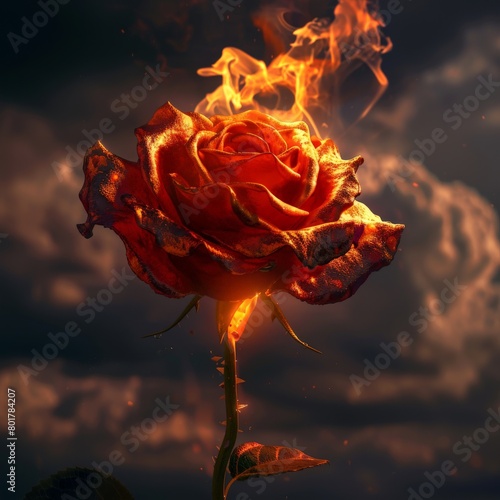 A dramatic photo of a red rose with a heartshaped center, set ablaze against a backdrop of stormy clouds   photo
