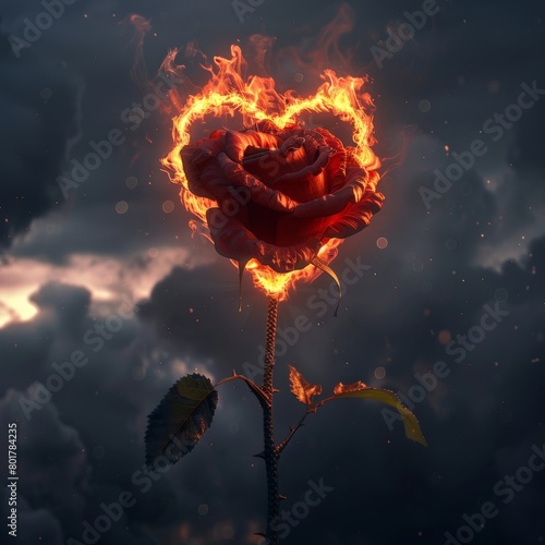 A dramatic photo of a red rose with a heartshaped center, set ablaze against a backdrop of stormy clouds   photo