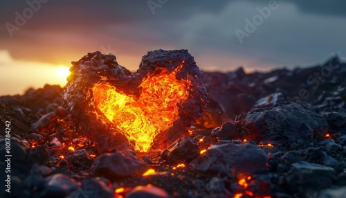 A dramatic photo of a volcanic eruption spewing molten lava in the shape of a flaming heart 