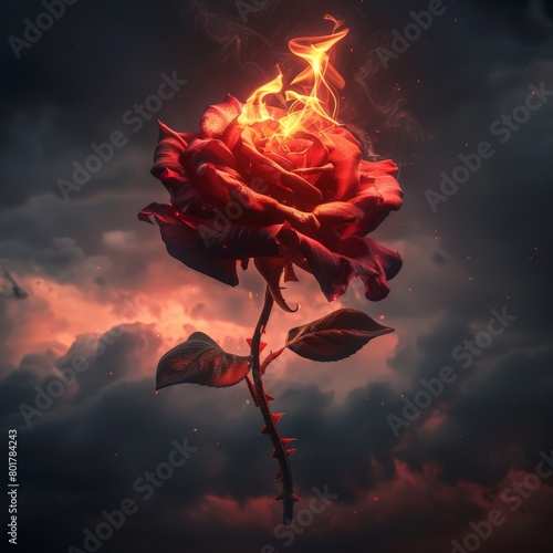 A dramatic photo of a red rose with a heartshaped center, set ablaze against a backdrop of stormy clouds   photo