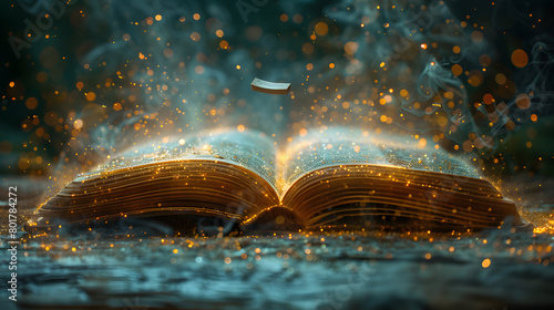 an open book with glowing pages and a bookmark in the middle of it, with a bookmark flying out of it, and a glowing star filled sky in the background, with stars