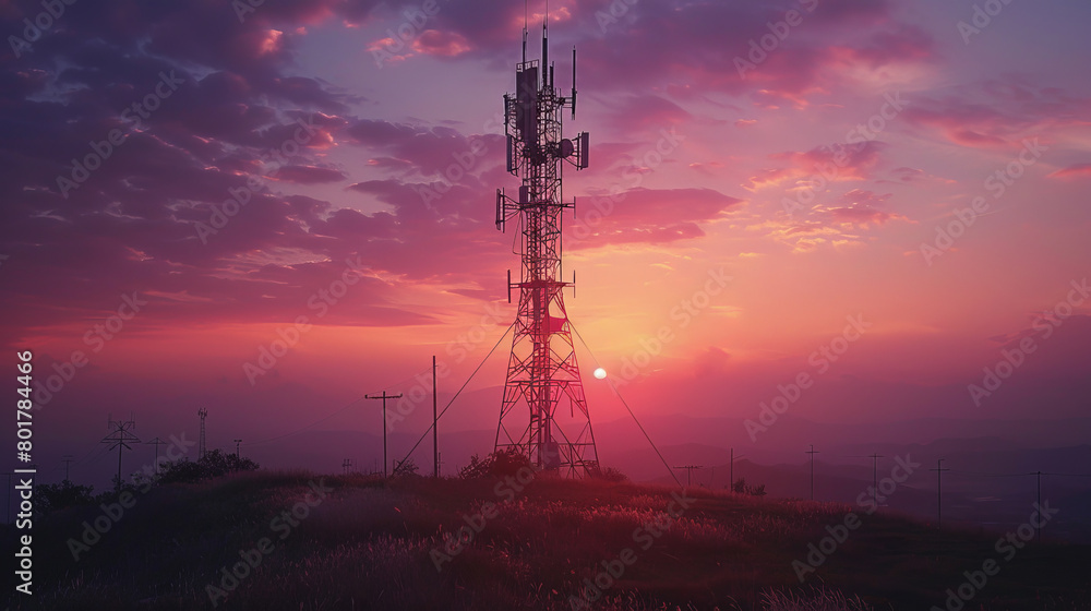 A tall tower with a large antenna on top stands in a field with a beautiful suns