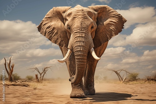 A majestic elephant, with its large ears and powerful body, Walking along the savannah path. Generative AI