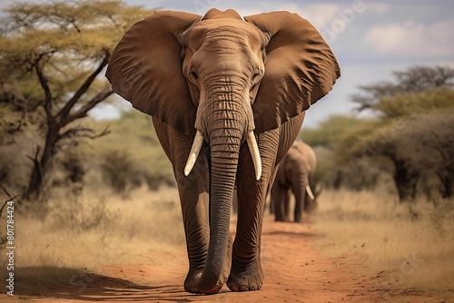 A majestic elephant, with its large ears and powerful body, Walking along the savannah path. Generative AI